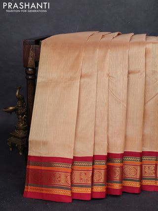 Sandal & Red Silk Cotton Korvai Saree