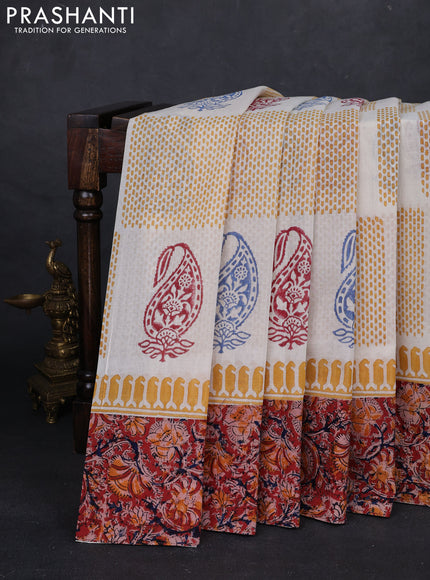 Off White & Maroon Cotton Block Printed Saree - Kalamkari Applique Border