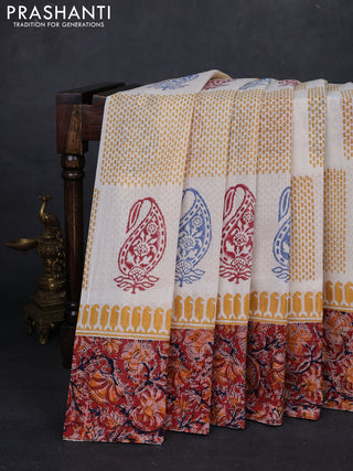 Off White & Maroon Cotton Block Printed Saree - Kalamkari Applique Border