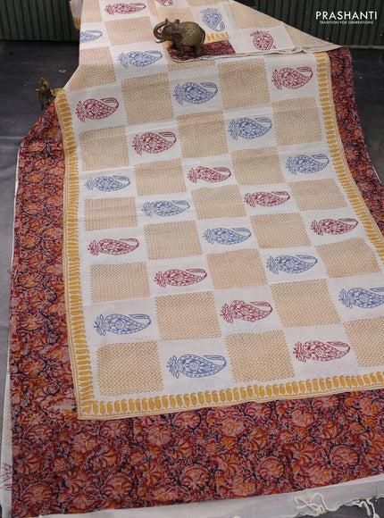 Off White & Maroon Cotton Block Printed Saree - Kalamkari Applique Border