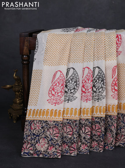 Off White & Black Cotton Block Printed Saree - Kalamkari Applique Border