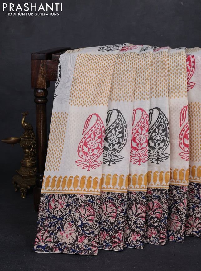 Off White & Black Cotton Block Printed Saree - Kalamkari Applique Border