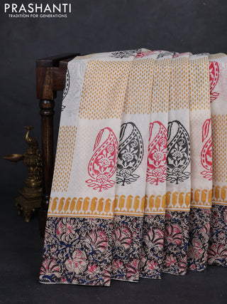 Off White & Black Cotton Block Printed Saree - Kalamkari Applique Border