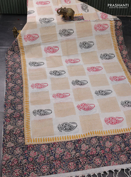 Off White & Black Cotton Block Printed Saree - Kalamkari Applique Border