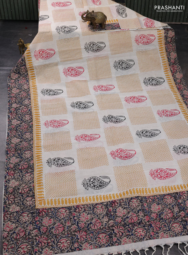 Off White & Black Cotton Block Printed Saree - Kalamkari Applique Border