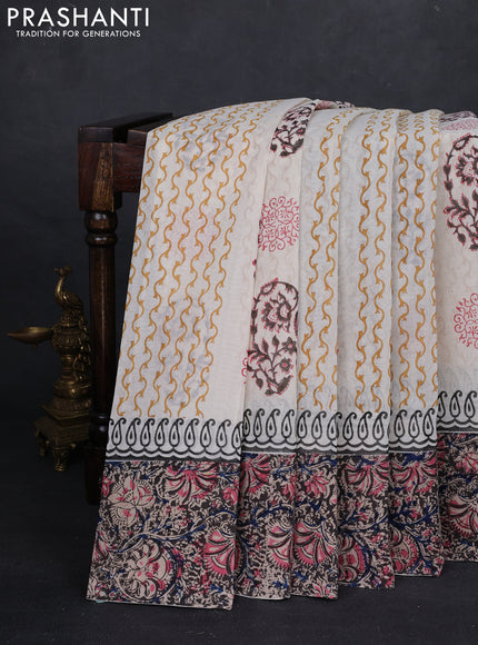Off White & Black Cotton Block Printed Saree - Kalamkari Applique Border