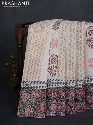 Off White & Black Cotton Block Printed Saree - Kalamkari Applique Border
