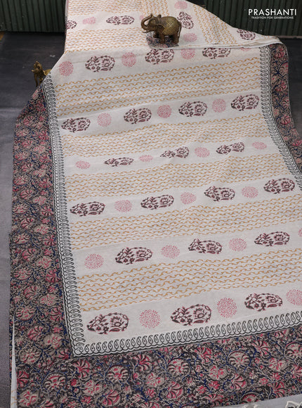 Off White & Black Cotton Block Printed Saree - Kalamkari Applique Border