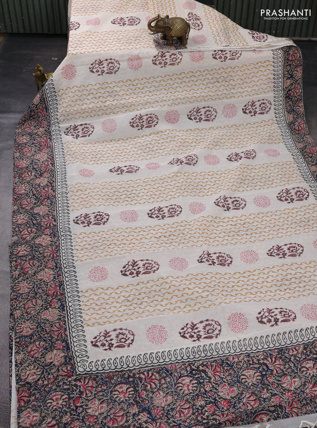 Off White & Black Cotton Block Printed Saree - Kalamkari Applique Border