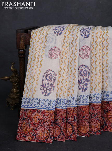 Off White & Maroon Cotton Block Printed Saree - Kalamkari Applique Border