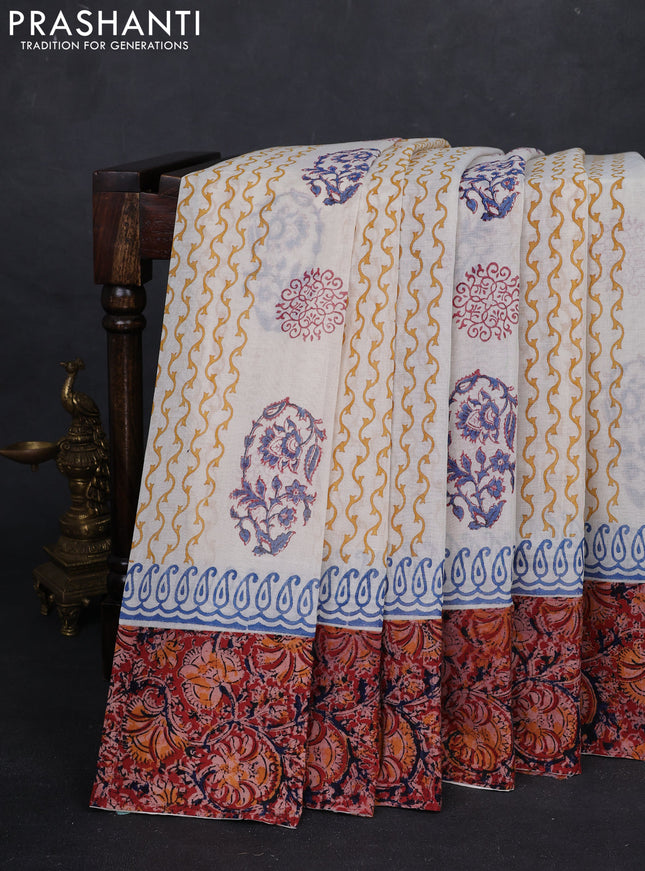Off White & Maroon Cotton Block Printed Saree - Kalamkari Applique Border