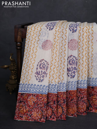 Off White & Maroon Cotton Block Printed Saree - Kalamkari Applique Border