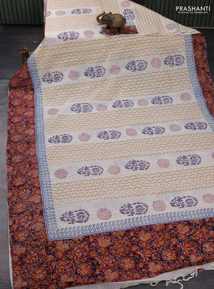 Off White & Maroon Cotton Block Printed Saree - Kalamkari Applique Border