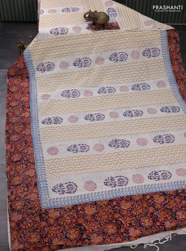 Off White & Maroon Cotton Block Printed Saree - Kalamkari Applique Border