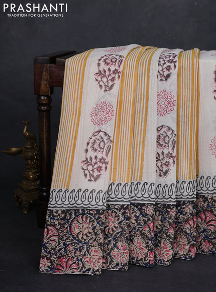 Off White & Black Cotton Block Printed Saree - Kalamkari Applique Border