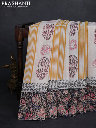 Off White & Black Cotton Block Printed Saree - Kalamkari Applique Border