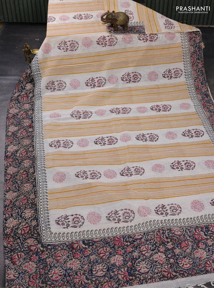 Off White & Black Cotton Block Printed Saree - Kalamkari Applique Border