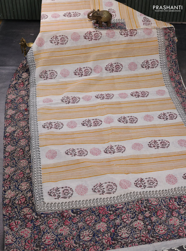 Off White & Black Cotton Block Printed Saree - Kalamkari Applique Border