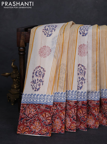 Off White & Maroon Cotton Block Printed Saree - Kalamkari Applique Border