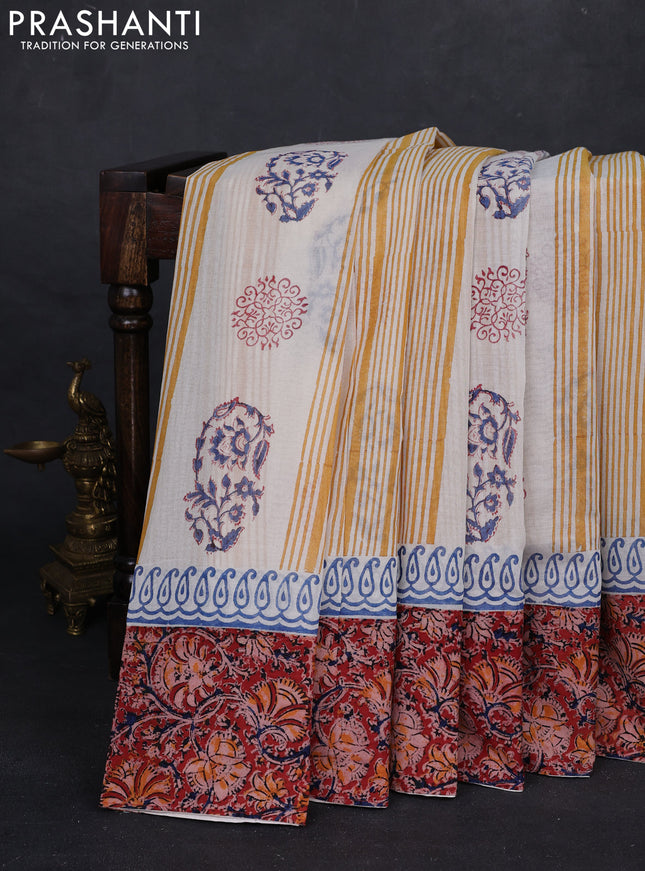 Off White & Maroon Cotton Block Printed Saree - Kalamkari Applique Border