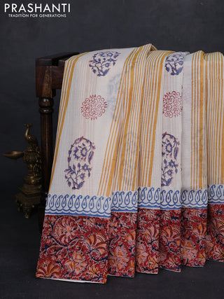 Off White & Maroon Cotton Block Printed Saree - Kalamkari Applique Border
