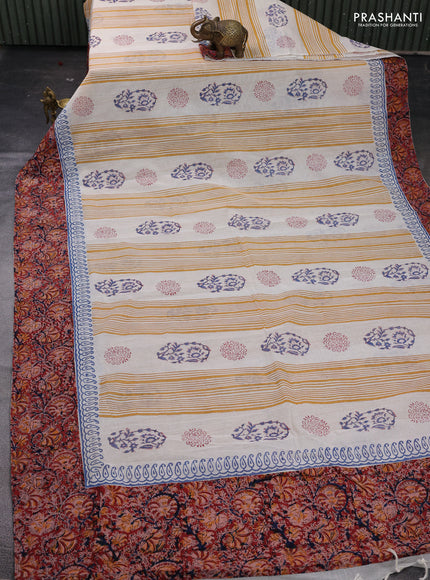 Off White & Maroon Cotton Block Printed Saree - Kalamkari Applique Border