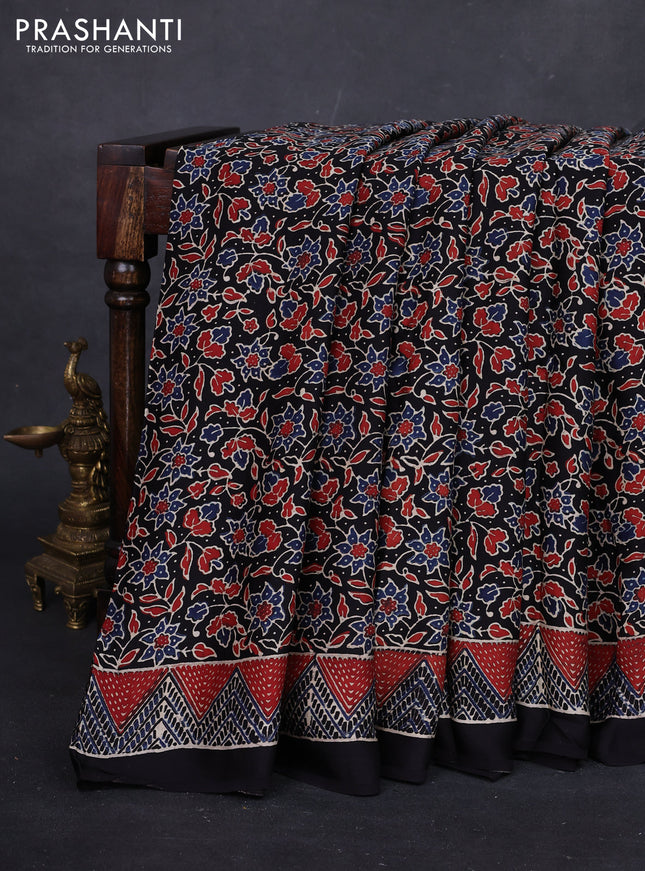 Black Modal Silk Saree - Ajrakh Prints