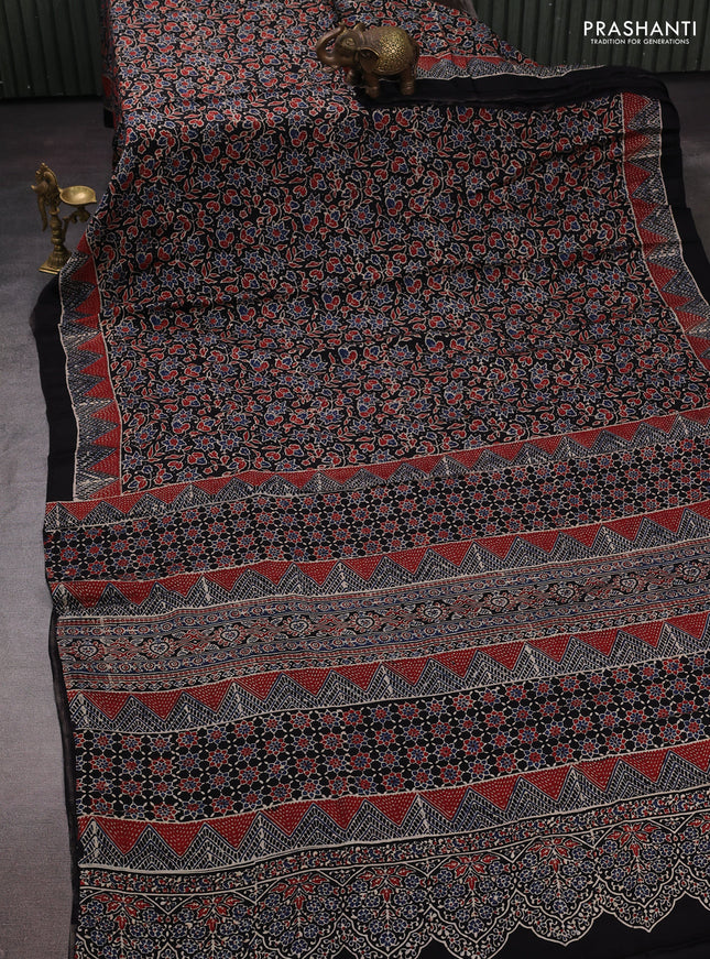 Black Modal Silk Saree - Ajrakh Prints