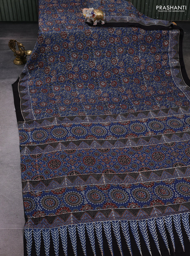 Indigo Blue & Black Modal Silk Saree - Ajrakh Prints