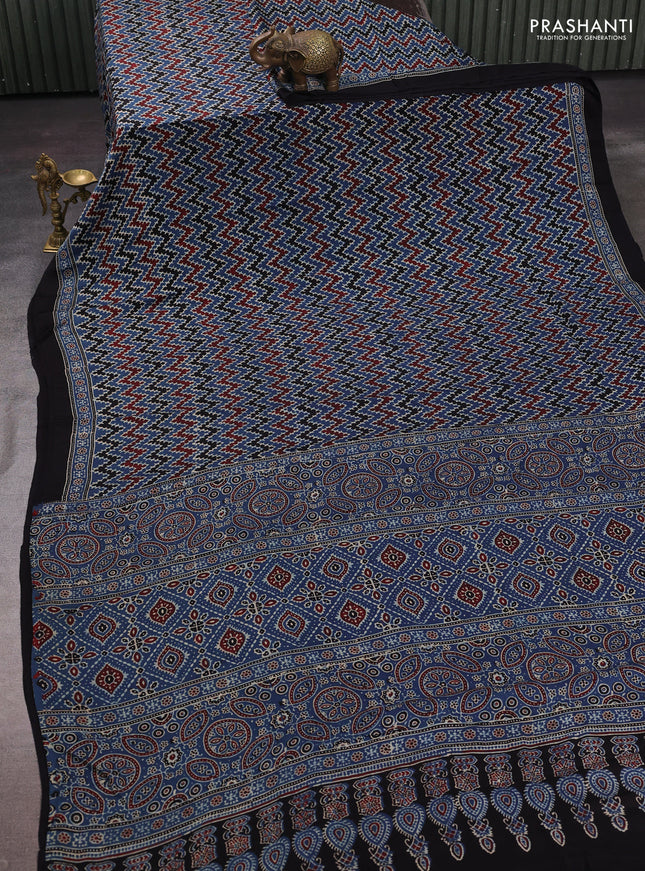 Multi Colour & Black Modal Silk Saree - Ajrakh Prints