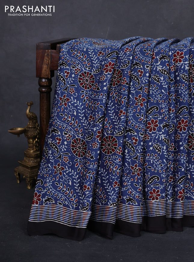Indigo Blue & Black Modal Silk Saree - Ajrakh Prints