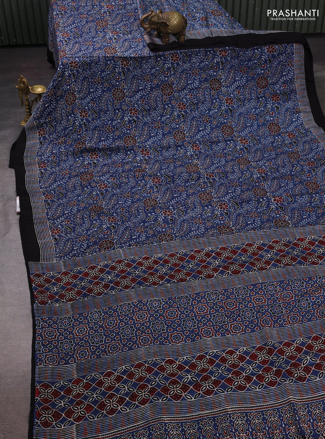 Indigo Blue & Black Modal Silk Saree - Ajrakh Prints