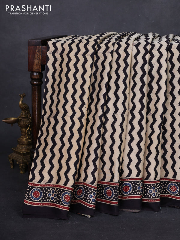 Beige & Black Modal Silk Saree - Ajrakh Prints
