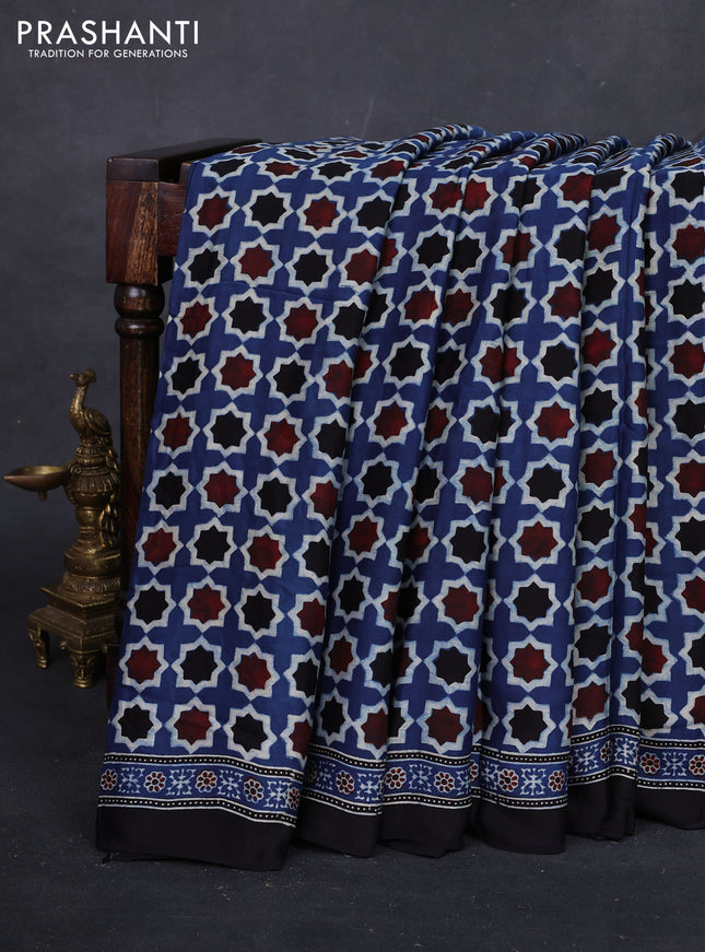 Indigo Blue & Black Modal Silk Saree - Ajrakh Prints