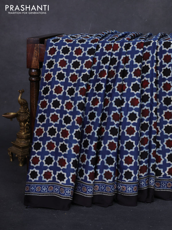 Indigo Blue & Black Modal Silk Saree - Ajrakh Prints