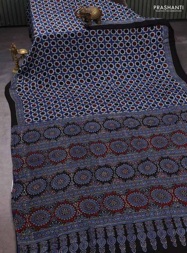 Indigo Blue & Black Modal Silk Saree - Ajrakh Prints