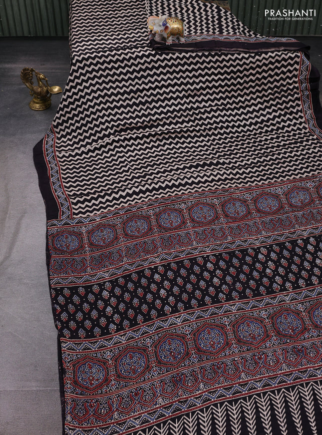 Beige & Black Modal Silk Saree - Ajrakh Prints