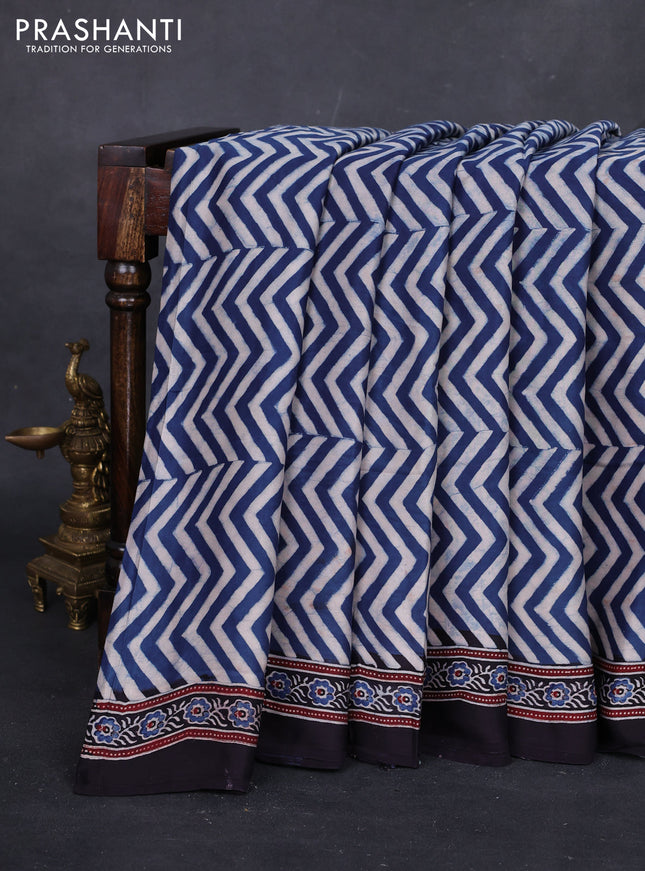 Beige Blue & Black Modal Silk Saree - Ajrakh Prints