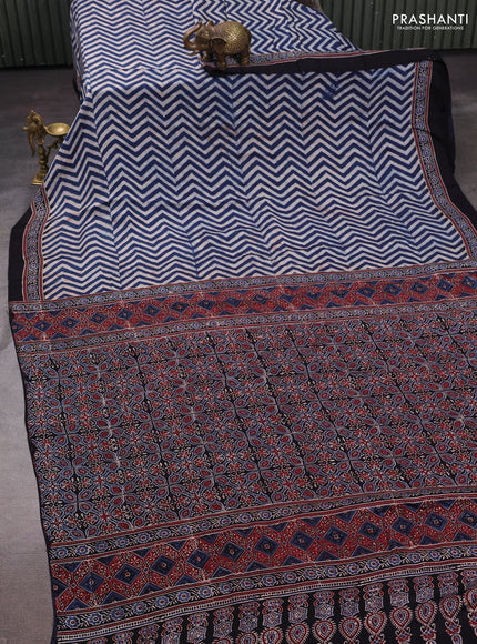 Beige Blue & Black Modal Silk Saree - Ajrakh Prints