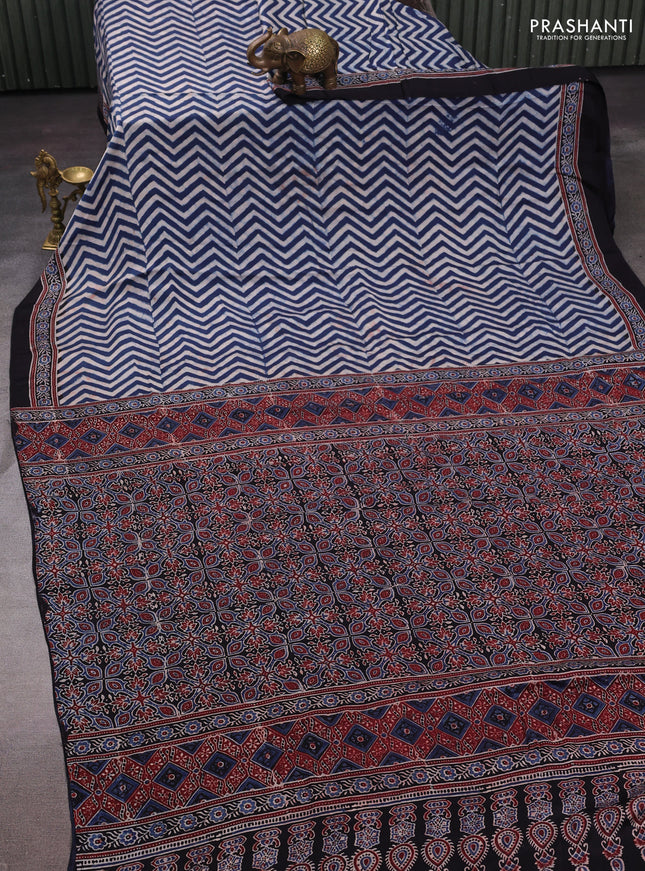 Beige Blue & Black Modal Silk Saree - Ajrakh Prints