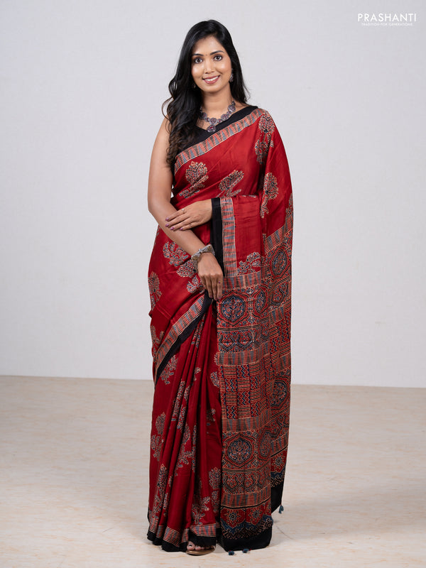 Maroon & Black Modal Silk Saree - Ajrakh Prints