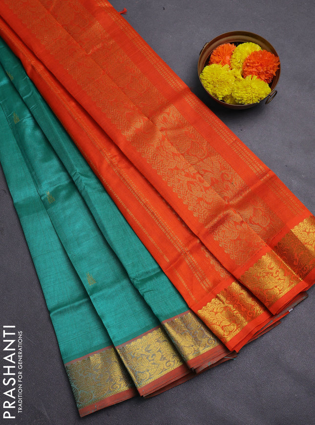 Teal Green & Orange Gems Of Silk Cotton - Buttas