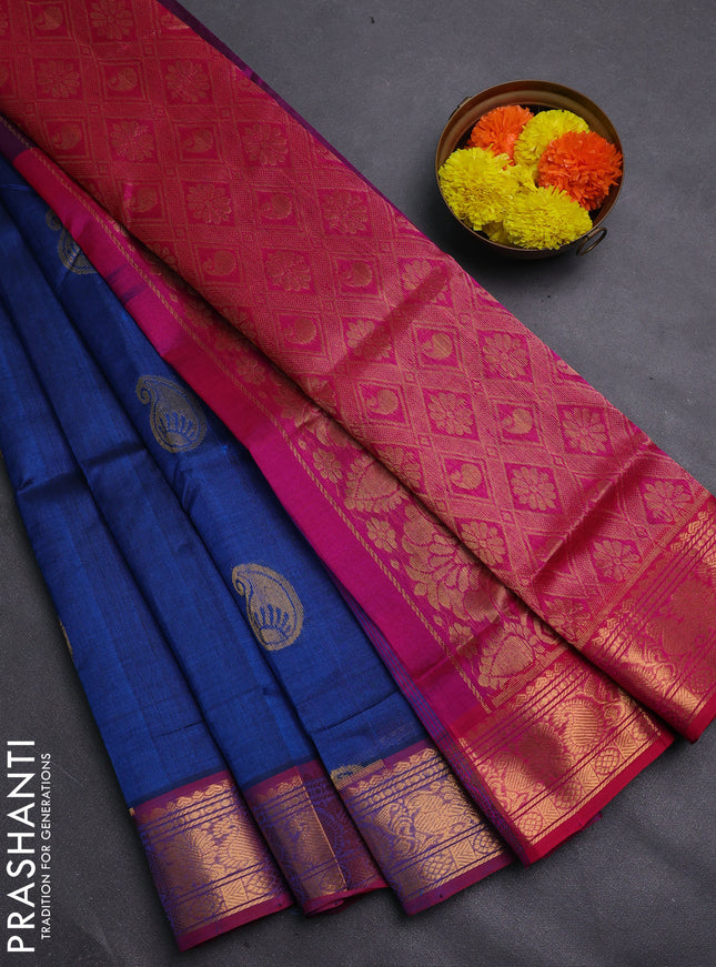Peacock Blue & Pink Gems Of Silk Cotton - Buttas
