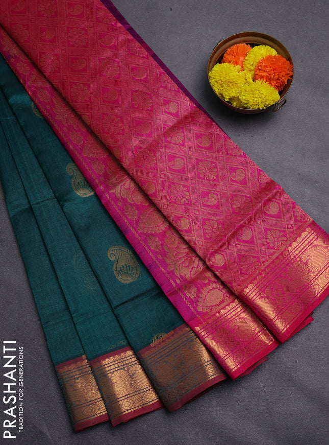 Peacock Green & Pink Gems Of Silk Cotton - Buttas
