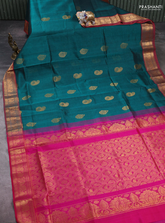 Peacock Green & Pink Gems Of Silk Cotton - Buttas