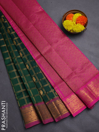 Bottle Green & Pink Gems Of Silk Cotton - Checks
