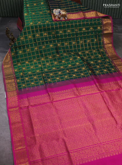Bottle Green & Pink Gems Of Silk Cotton - Checks