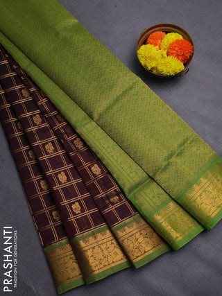 Coffee Brown & Green Gems Of Silk Cotton - Checks