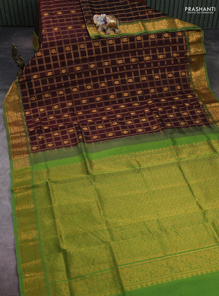 Coffee Brown & Green Gems Of Silk Cotton - Checks