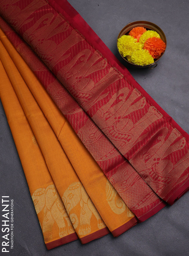 Mustard Yellow & Maroon Gems Of Silk Cotton - Buttas